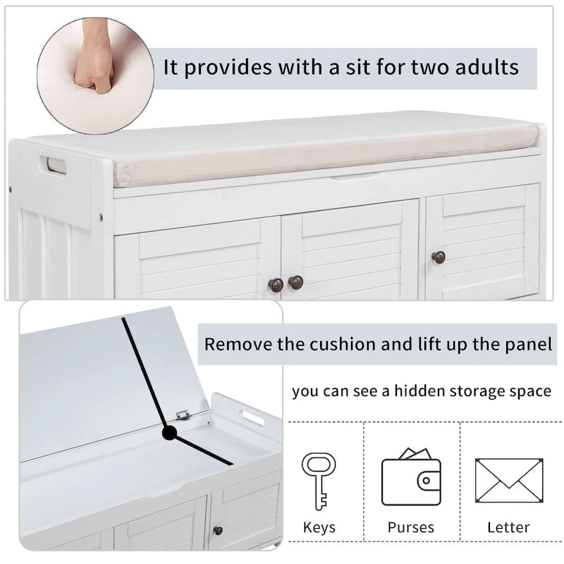 Banc à chaussures de rangement avec 3 portes à volets et coussin amovible