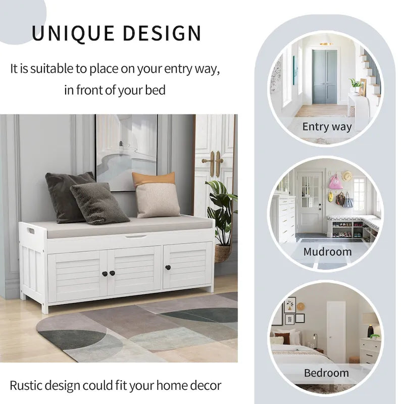 Banc à chaussures de rangement avec 3 portes à volets et coussin amovible