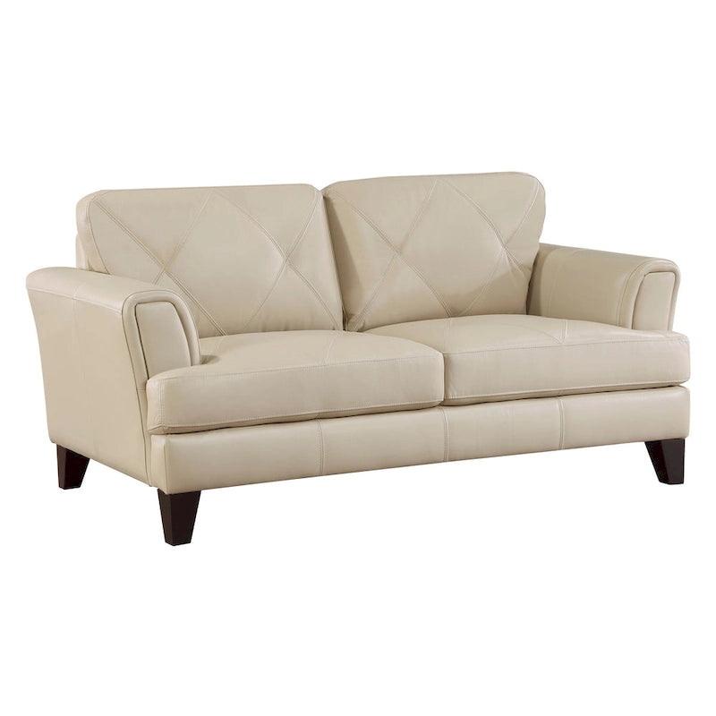 Causeuse de 180 cm en cuir fleur et croûte de cuir crème, bois massif marron