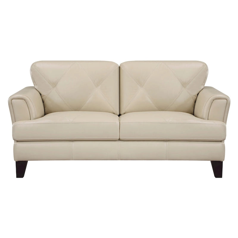 Causeuse de 180 cm en cuir fleur et croûte de cuir crème, bois massif marron