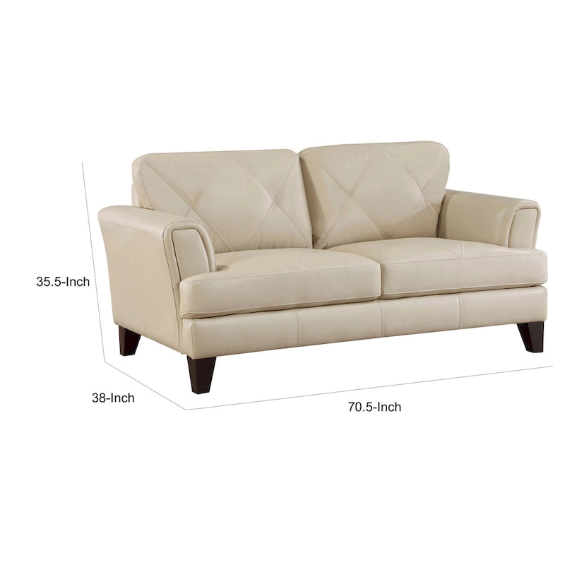 Causeuse de 180 cm en cuir fleur et croûte de cuir crème, bois massif marron