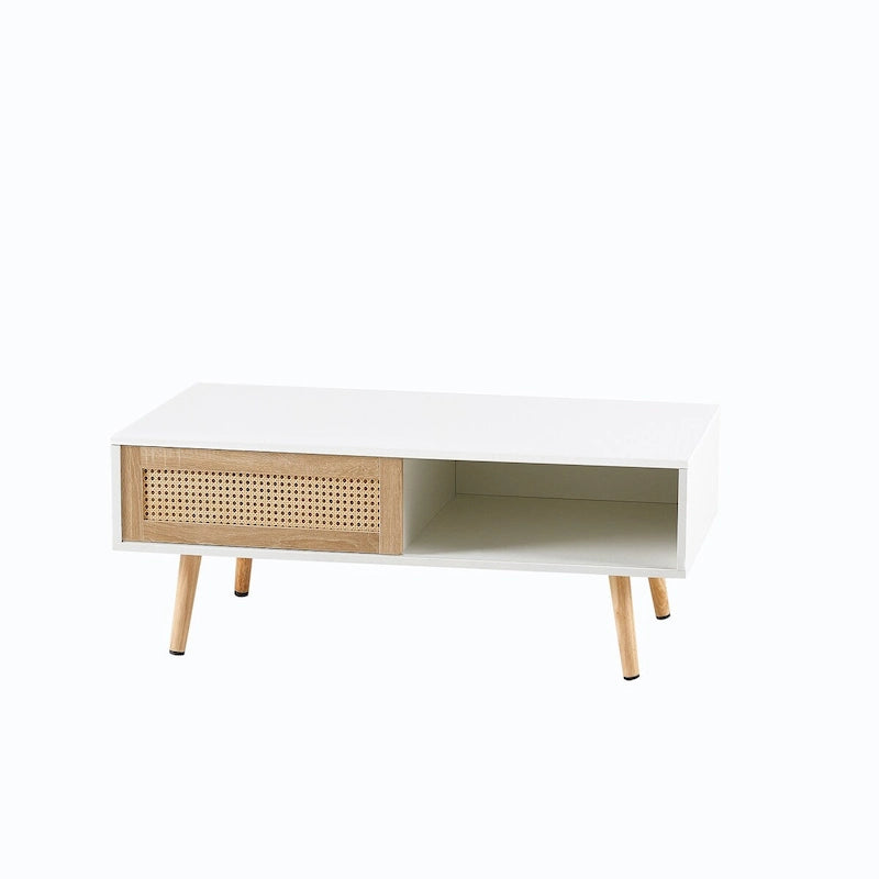 Table basse moderne avec panneau de porte en rotin tressé et pieds en bois massif