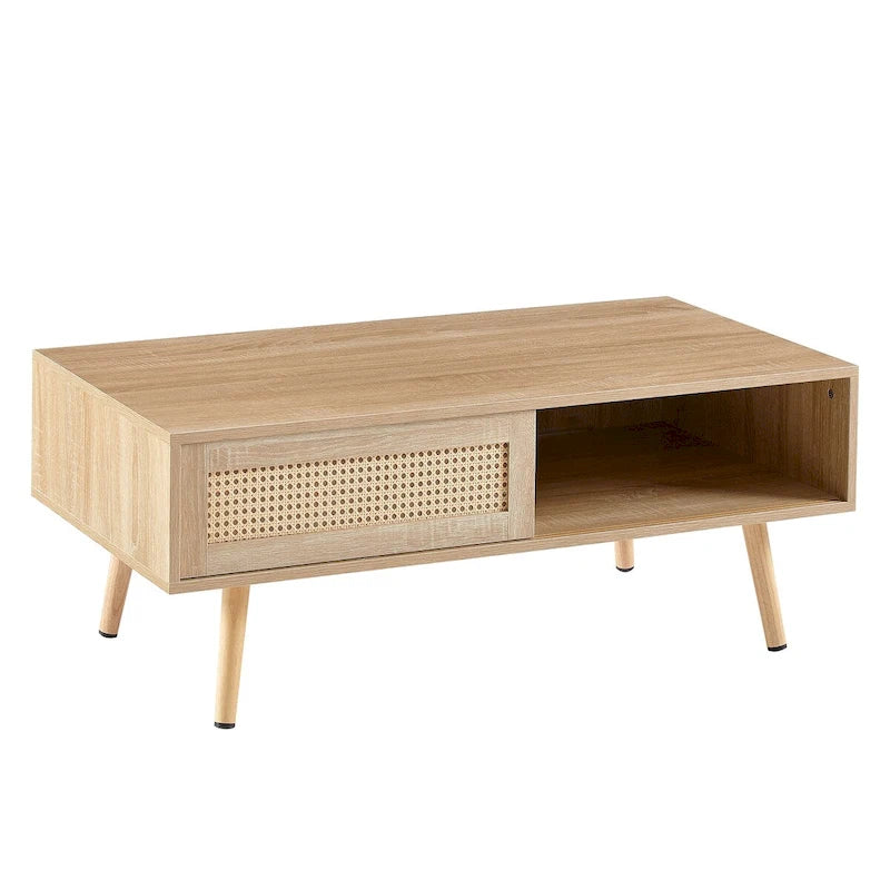Table basse moderne avec panneau de porte en rotin tressé et pieds en bois massif