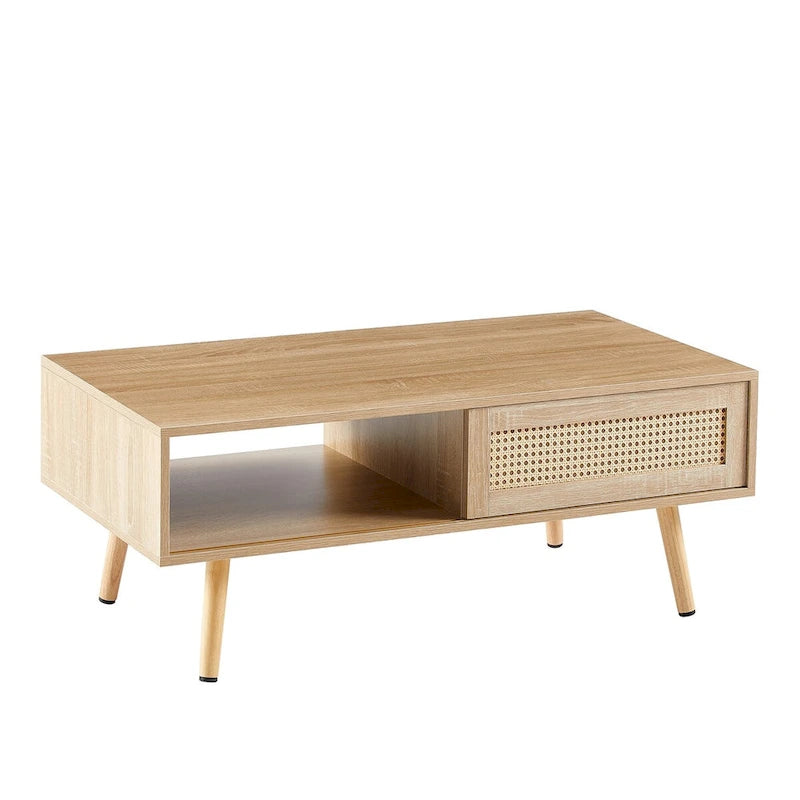 Table basse moderne avec panneau de porte en rotin tressé et pieds en bois massif