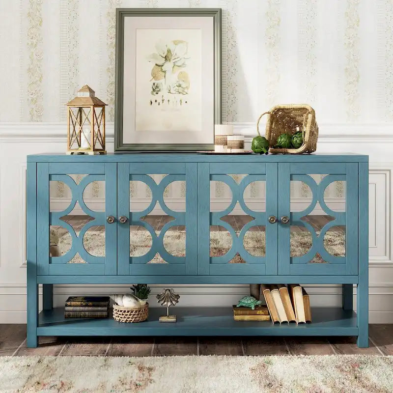 Élégante console rétro avec portes miroir, étagères spacieuses et pieds durables en bois d'acacia