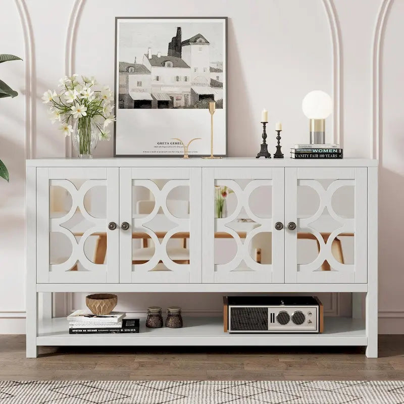Élégante console rétro avec portes miroir, étagères spacieuses et pieds durables en bois d'acacia