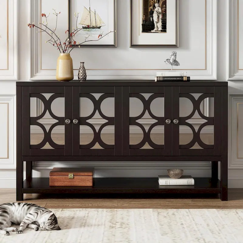 Élégante console rétro avec portes miroir, étagères spacieuses et pieds durables en bois d'acacia