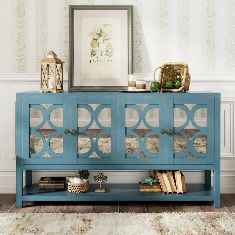 Élégante console rétro avec portes miroir, étagères spacieuses et pieds durables en bois d'acacia