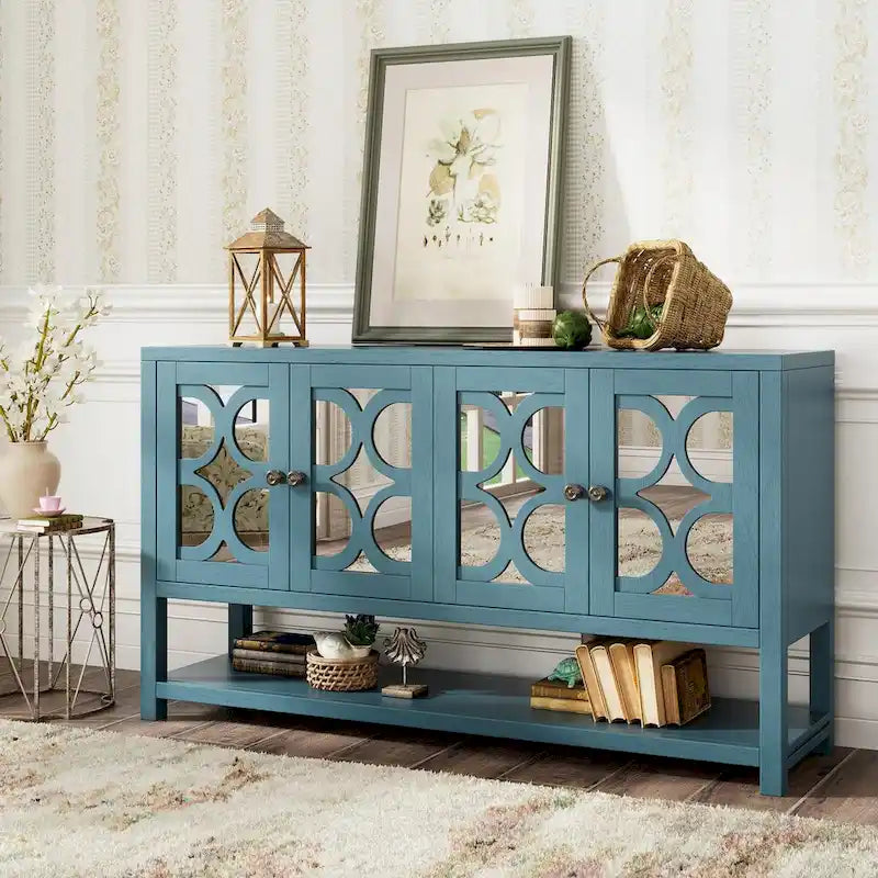 Élégante console rétro avec portes miroir, étagères spacieuses et pieds durables en bois d'acacia