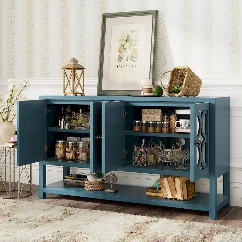 Élégante console rétro avec portes miroir, étagères spacieuses et pieds durables en bois d'acacia