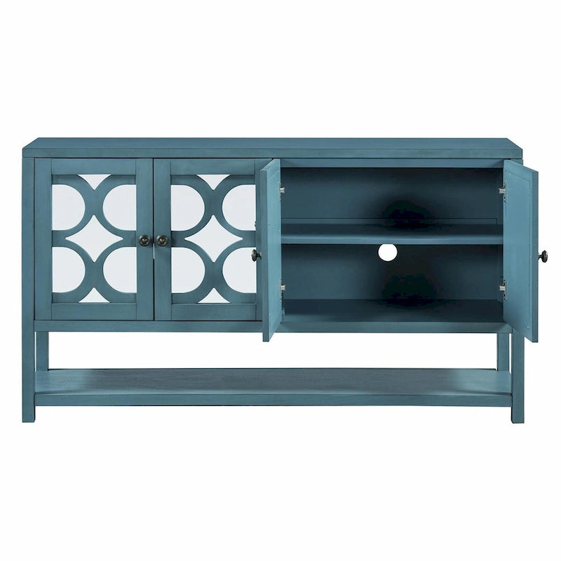 Élégante console rétro avec portes miroir, étagères spacieuses et pieds durables en bois d'acacia