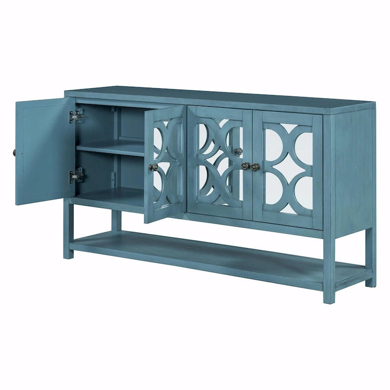 Élégante console rétro avec portes miroir, étagères spacieuses et pieds durables en bois d'acacia