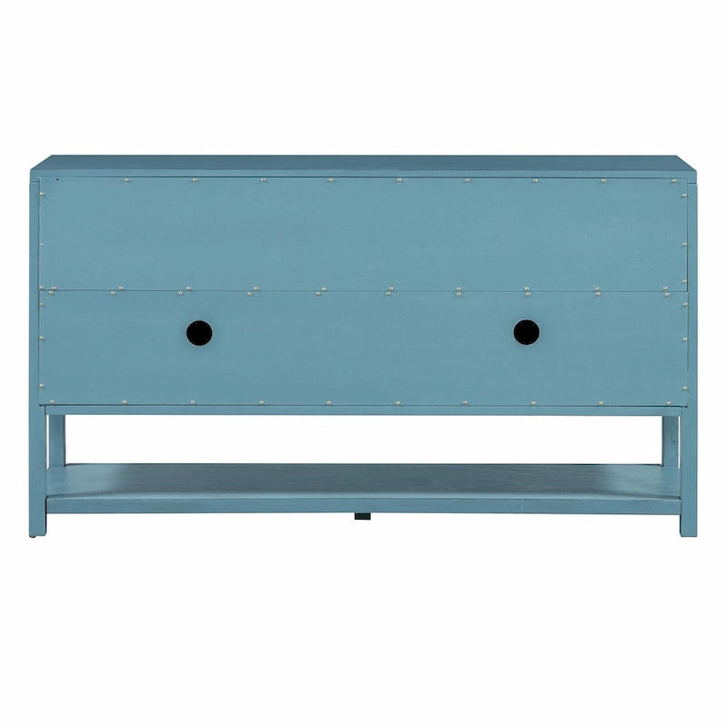 Élégante console rétro avec portes miroir, étagères spacieuses et pieds durables en bois d'acacia