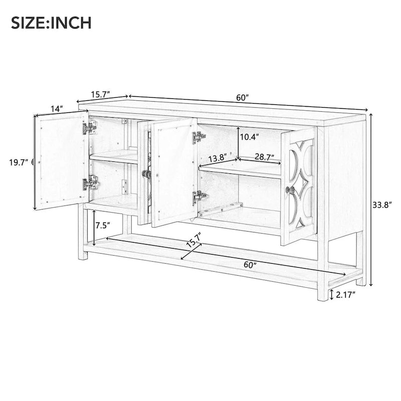 Élégante console rétro avec portes miroir, étagères spacieuses et pieds durables en bois d'acacia