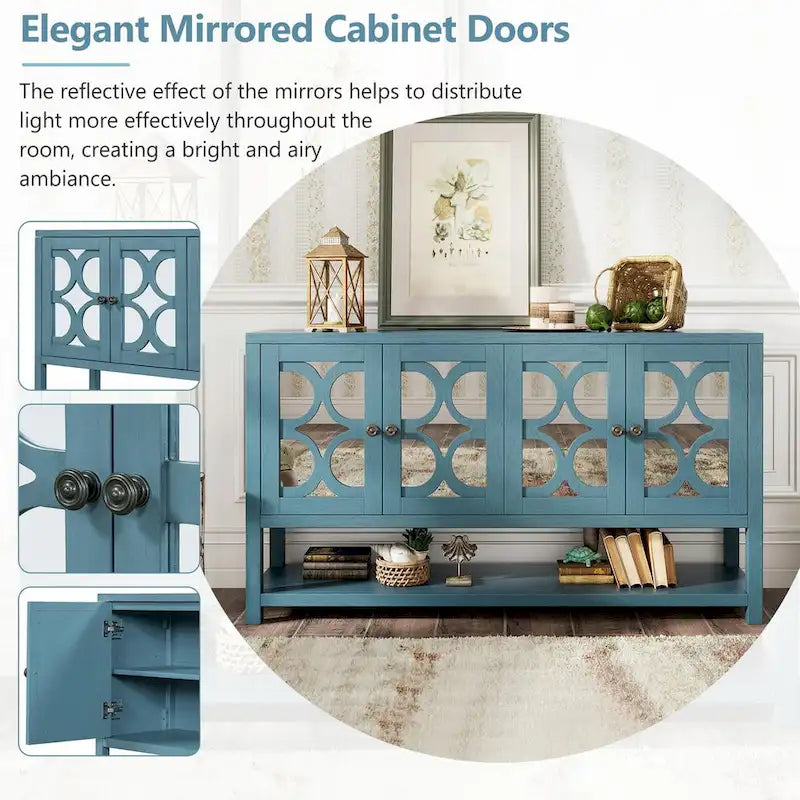 Élégante console rétro avec portes miroir, étagères spacieuses et pieds durables en bois d'acacia