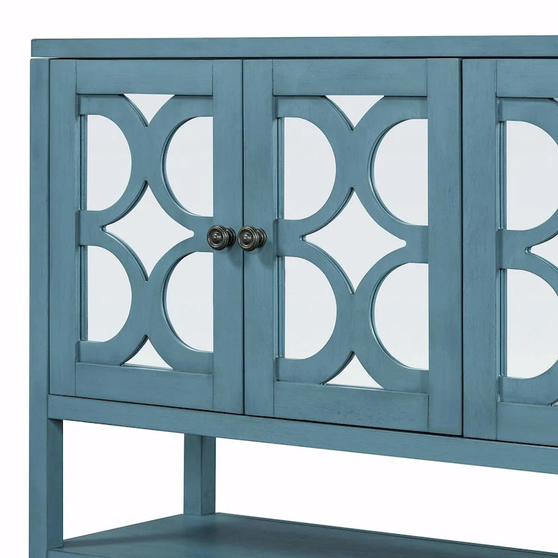 Élégante console rétro avec portes miroir, étagères spacieuses et pieds durables en bois d'acacia