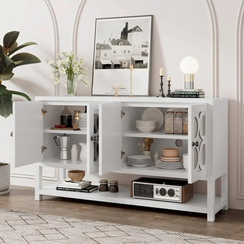 Élégante console rétro avec portes miroir, étagères spacieuses et pieds durables en bois d'acacia