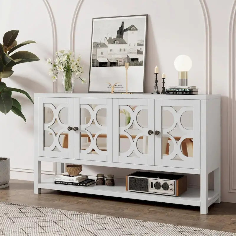 Élégante console rétro avec portes miroir, étagères spacieuses et pieds durables en bois d'acacia