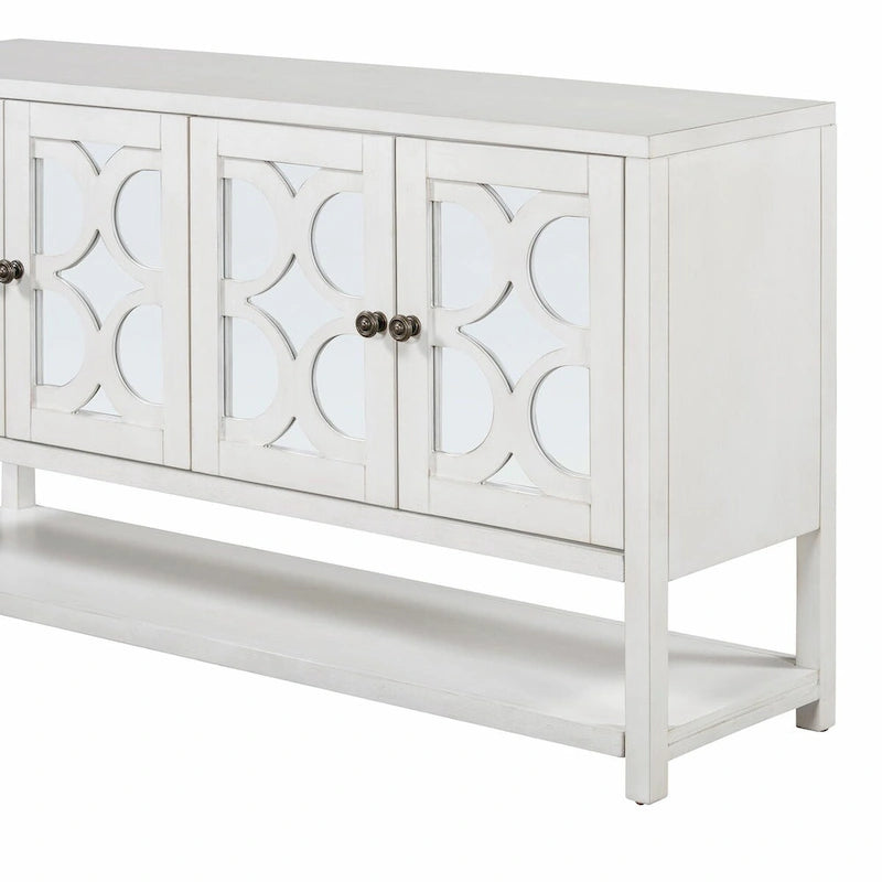Élégante console rétro avec portes miroir, étagères spacieuses et pieds durables en bois d'acacia