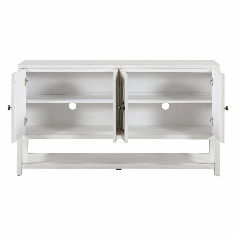 Élégante console rétro avec portes miroir, étagères spacieuses et pieds durables en bois d'acacia