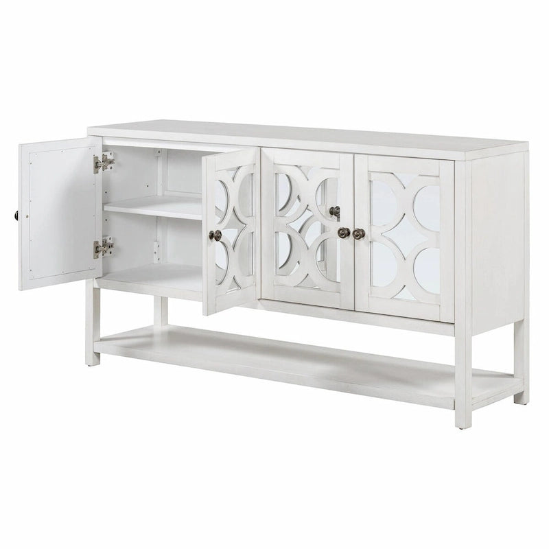 Élégante console rétro avec portes miroir, étagères spacieuses et pieds durables en bois d'acacia