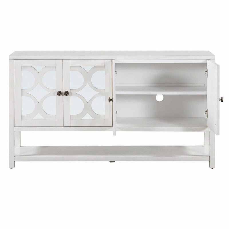 Élégante console rétro avec portes miroir, étagères spacieuses et pieds durables en bois d'acacia