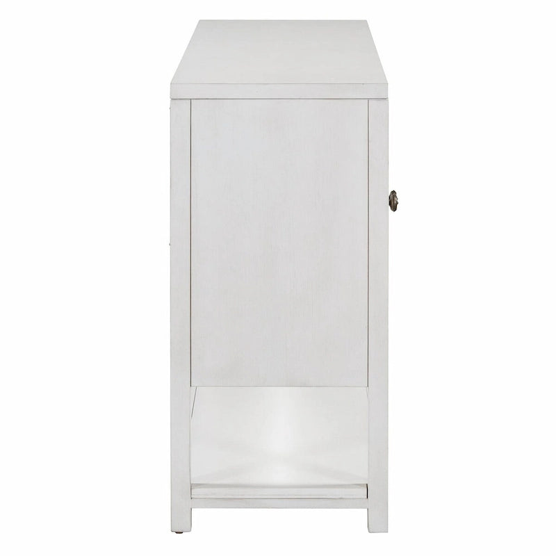 Élégante console rétro avec portes miroir, étagères spacieuses et pieds durables en bois d'acacia