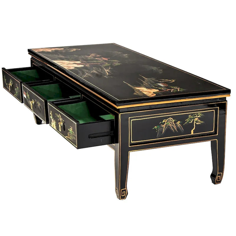 Table basse en laque noire - Paysage