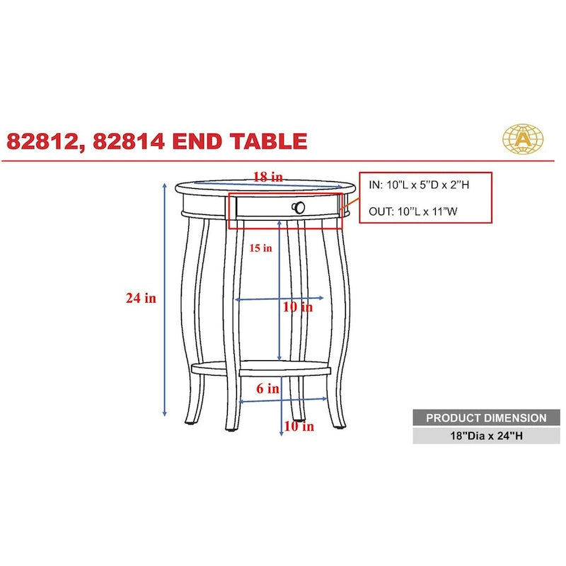 Table d'appoint noyer et noir avec tiroir - 18 diam. x 24 H
