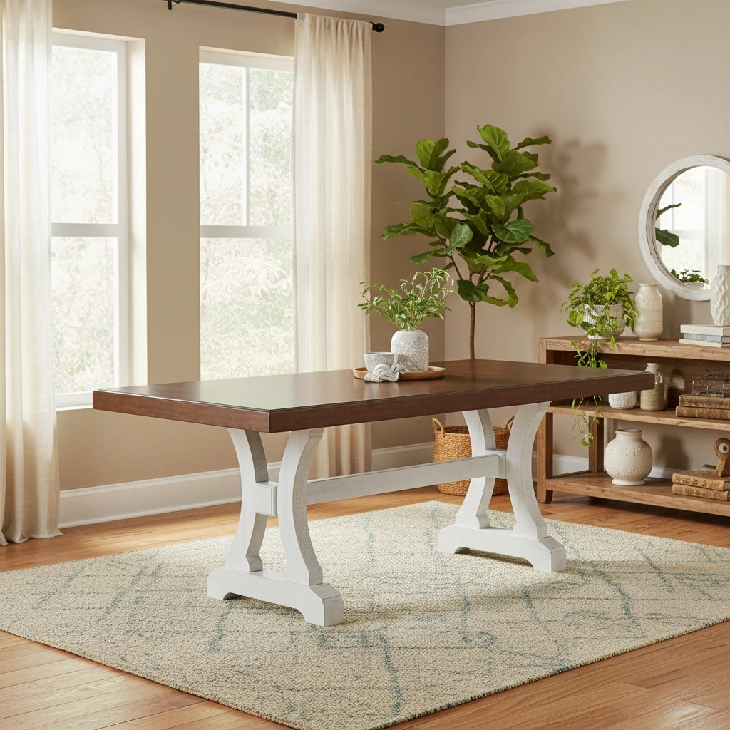 Dining Table with Trestle Base and Extension Leaf, Black and Brown