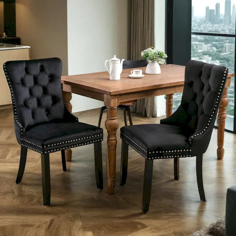 Chaise de salle à manger contemporaine capitonnée haut de gamme en velours massif avec pieds en bois et clous, lot de 2