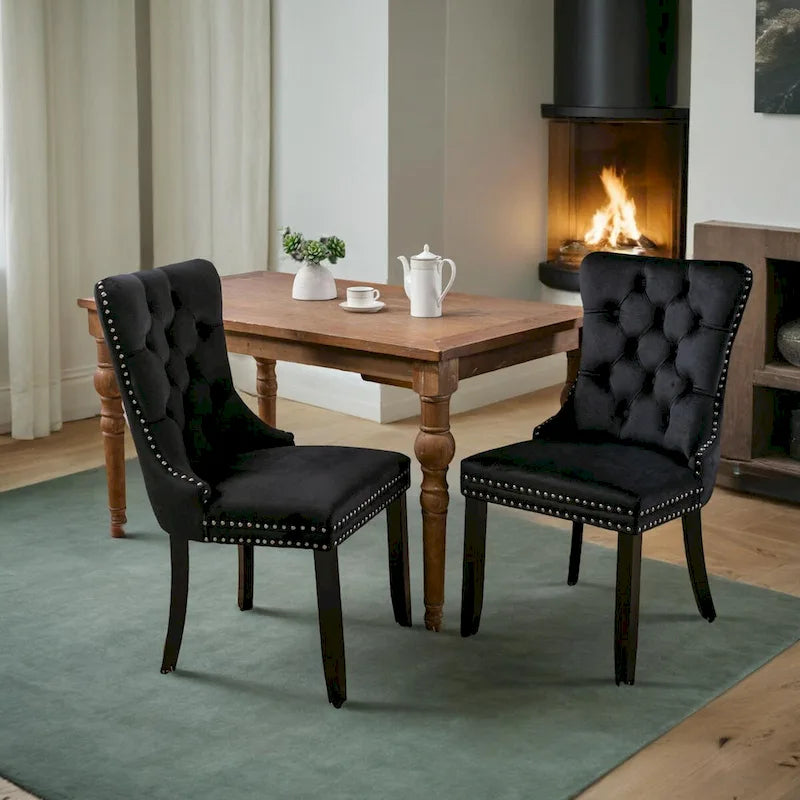 Chaise de salle à manger contemporaine capitonnée haut de gamme en velours massif avec pieds en bois et clous, lot de 2