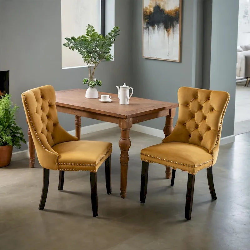 Chaise de salle à manger contemporaine capitonnée haut de gamme en velours massif avec pieds en bois et clous, lot de 2