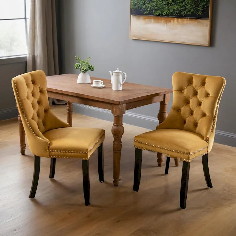 Chaise de salle à manger contemporaine capitonnée haut de gamme en velours massif avec pieds en bois et clous, lot de 2