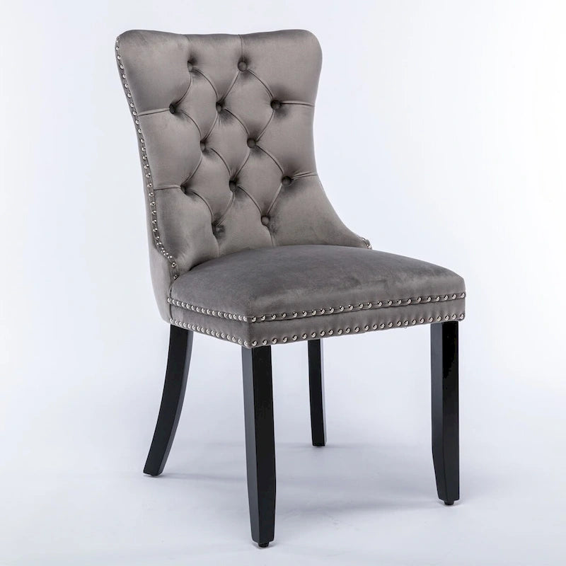 Chaise de salle à manger contemporaine capitonnée haut de gamme en velours massif avec pieds en bois et clous, lot de 2