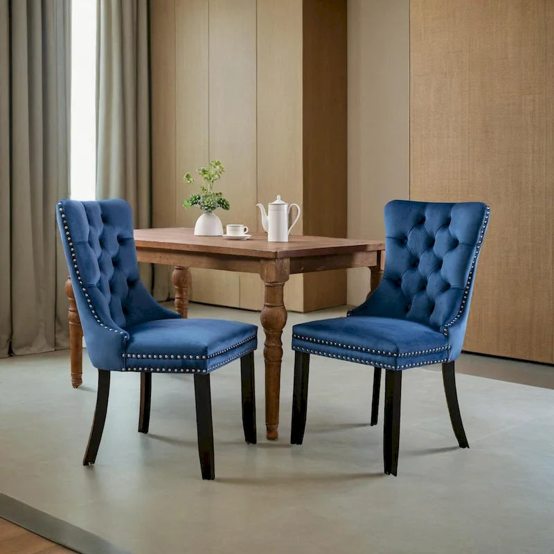 Chaise de salle à manger contemporaine capitonnée haut de gamme en velours massif avec pieds en bois et clous, lot de 2